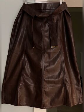 Marc New York Dark Brown Faux Leather A-Line Midi Skirt with Belt size M